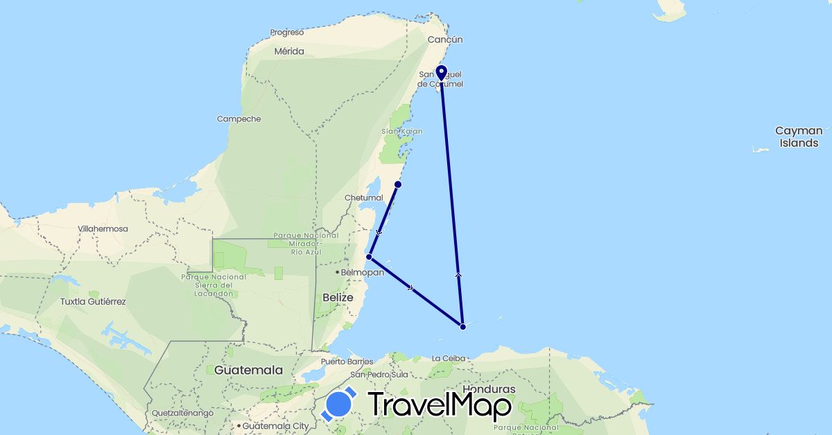 TravelMap itinerary: driving in Belize, Honduras, Mexico (North America)